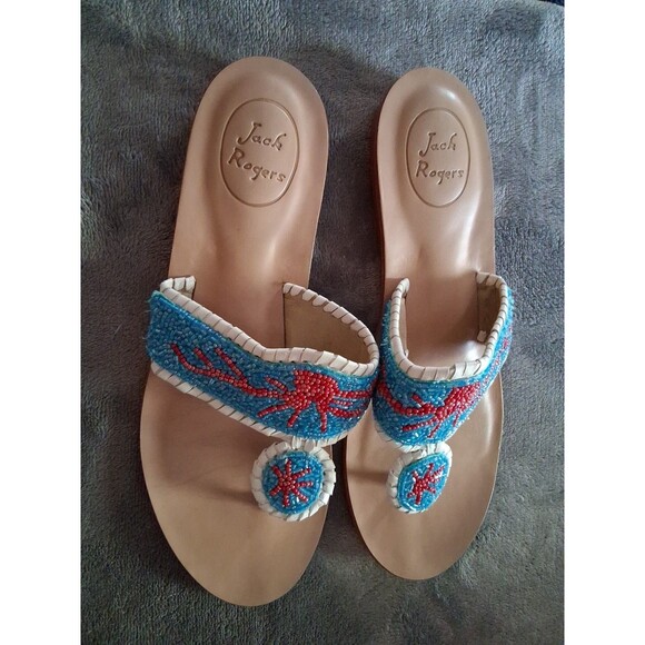 Jack Rogers Beaded Blue /Red CrabLeather Slip-On Flat Sandal Women's 8.5M - Picture 3 of 7